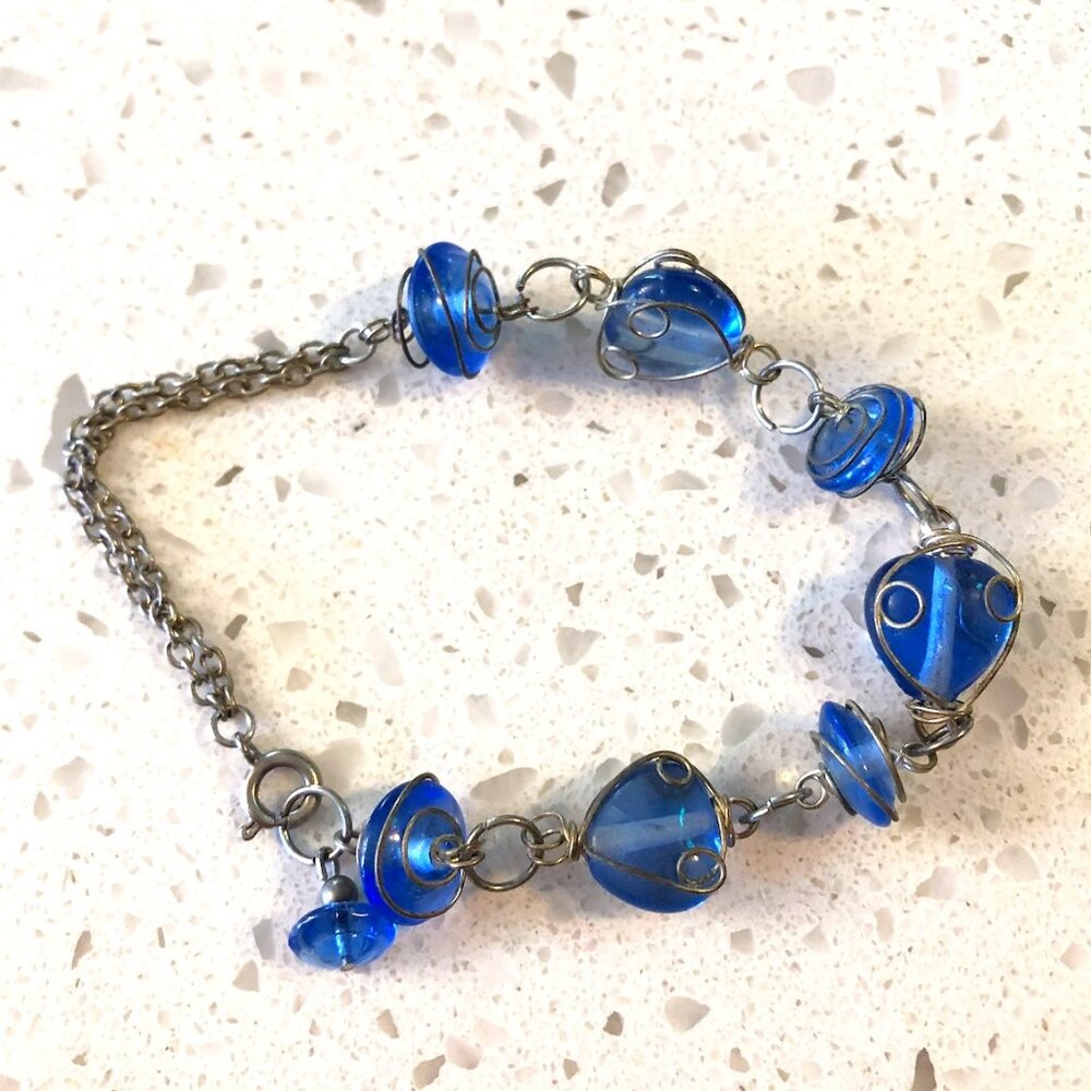 Handmade Blue Glass Bead Bracelet with Wire Wrap